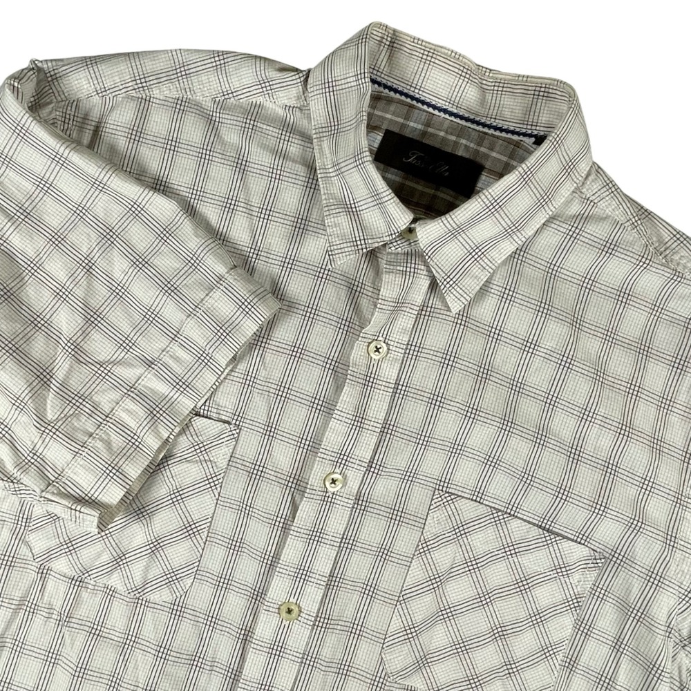 Tasso Ella Button Up Short‎ Sleeve Shirt Mens Size Large Plaid Cream Gray Casual